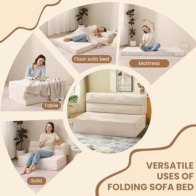 Folding Sofa Bed, Convertible Sleeper Chair with Pilow Foldable Matress, 2 in 1 Pull Out Loveseat Sofa Portable Fold Out Chair Bed Floor Couch Lounge for Living Room Bedroom (Beige, Queen)