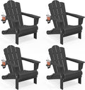 KINGYES Folding Adirondack Chair Set of 4, HDPE All-Weather Patio Chairs with Cup Holder, Wooden Textured Fire Pit Chairs for Poolside, Backyard, Deck, Grey