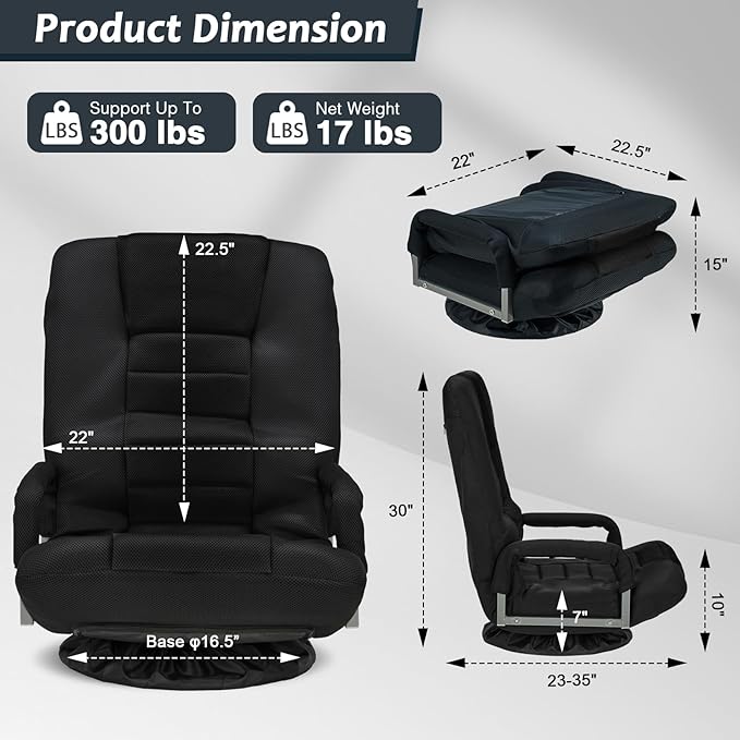 360° Swivel Gaming Chair 6 Adjustable Positions Backrest with Armrest Foldable Floor Chairs Suitable for Reading, Relaxing, Mediation,Black