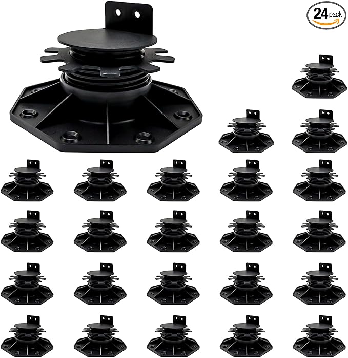24Pack Adjustable Deck Support Pedestal, Deck Foundation Support Base, More Stable Floor Slate Support Flooring Joist Supports, Height Adjustment Raising from 1-3/16" to 2-3/8", Black