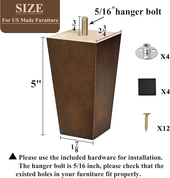 AORYVIC 5 inch Sofa Legs Wood Furniture Legs Pack of 4 Pyramid Couch Legs Mid-Century Modern Brown Replacement Legs