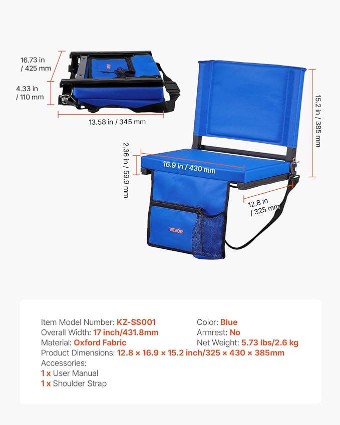 VEVOR Stadium Seat, Folding Bleacher Chair with Back Support and Thick Cushion, Padded Stadium Seat for Bleacher Includes Shoulder Strap, Hooks, Cup Holder, and Side Pocket, Blue Bleachers Chair, 1PCS