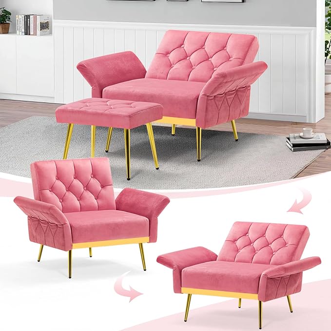 ACMEASE Velvet Accent Chair w/Adjustable Armrests and Backrests, Tufted Single Sofa with Ottoman, Upholstered Reading Chiar for Living Room, Apartment, Bedroom, Pink