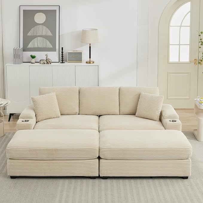 KEIKI Combination Sofa Bed Set, Indoor Chaise Lounge Sofa with Armrest Storage, Cupholders, USB, Deep Seat Sleeper Couch Reading Chairs for Living Room, Beige