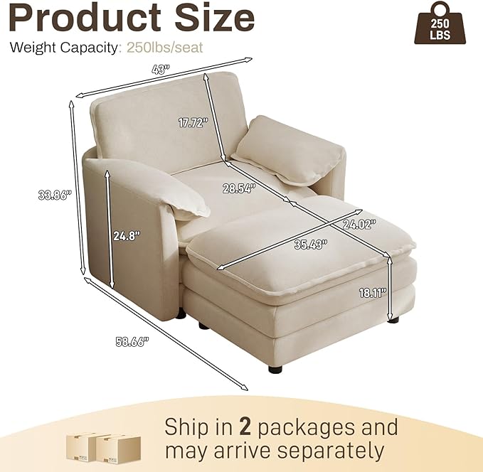 DAMAIFROM Oversized Chaise Lounge Chair Indoor with Ottoman, Firm Solid Wood Frame with Long Service Life Chenille Oversized Lounge Reading Chair for Study Room - Beige White