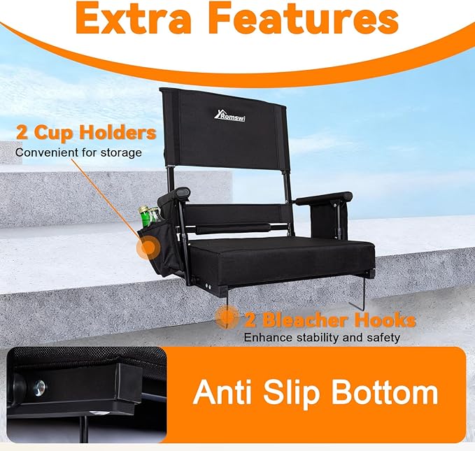 Romswi Stadium Seat with Height Adjustable High Back & Lumbar Support, 2-Pack Bleacher Chairs with 2 Height Adjustments, Armrests & Cup Holders, Comfortable & Portable, Black