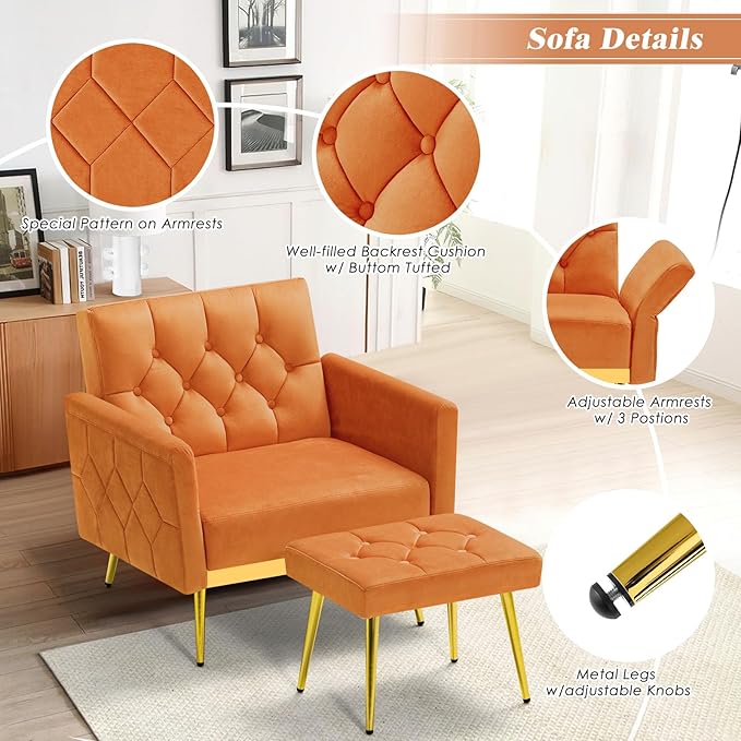 ACMEASE Velvet Accent Chair w/Adjustable Armrests and Backrests, Tufted Single Sofa with Ottoman, Upholstered Reading Chiar for Living Room, Apartment, Bedroom, Orange