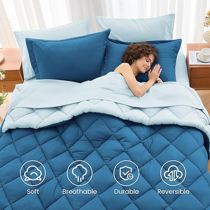 MUXHOMO 7 Pieces California King Comforter Set, Reversible Bed in a Bag Cal King Size, All Season Bedding Set with Comforter, Flat Sheet, Fitted Sheet, Pillowcases & Shams, Teal & Lake Blue