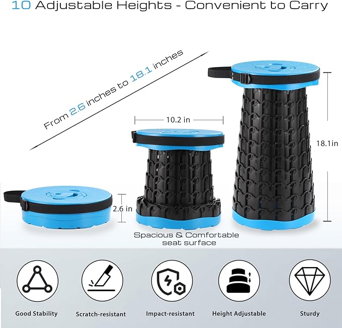 Upgraded 18-Inch Collapsible Stool, 800lbs Capacity, Heavy Duty Yet Lightweight, Portable Folding Stool for Adults, Taller Retractable Telescoping Seat for Camping, Fishing, Hiking, Travel, BBQ