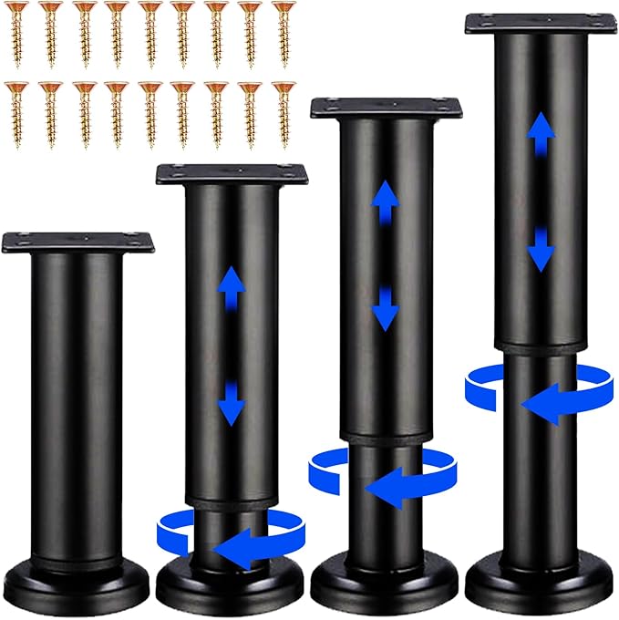 Olldag 4PCS Adjustable Furniture Couch Cabinet Legs 4.72-7.48 Inch [with 18 PCS Screws], Heavy Duty Adjustable Height Replacement Legs for Dresser/Sofa/Bed/Chair, Legs for Furniture Set of 4 (Black)