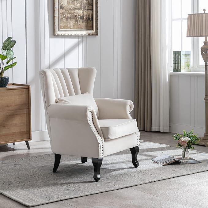 LZAREAL Accent Reading Arm Chairs Set of 2 Midcentury Modern Comfy Corner Sofa Chair, Wingback Waiting Room Club Chair with Tufted Back for Living Room/Bedroom/Reception Room, Velvet Cream