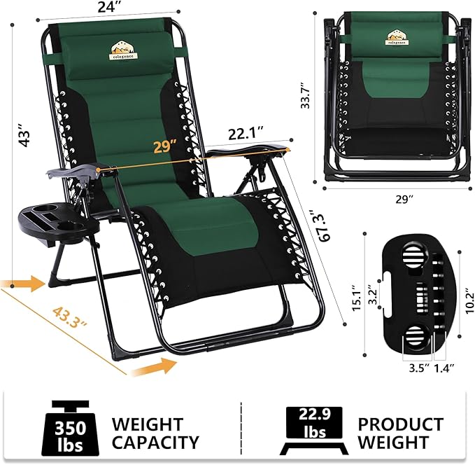 Colegence Oversized Padded Zero Gravity Lounge Chair Set of 2, Foldable Patio Anti Gravity Reclining Chairs Folding Lawn Recliner with Cup Holder for Yard, Camping, Outdoor, Support 350 LBS, Green