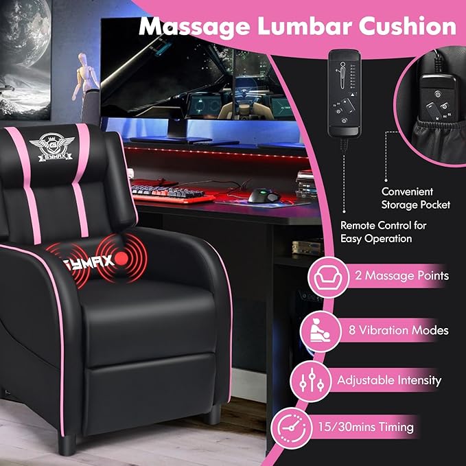 GYMAX Gaming Recliner, Massage Gaming Chair w/Adjustable Footrest, Remote Control & Side Pocket, Ergonomic Game Lounge Chair, Racing Style Single Theater Seat Game Sofa for Adults (Pink)