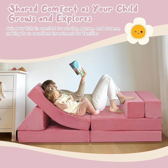 MeMoreCool 10-Piece Kids Modular Play Couch — Corduroy Convertible Foam Sofa Set for Building Forts, Lounging & Creative Play, Washable Covers, Child Room & Playroom Furniture, Pink