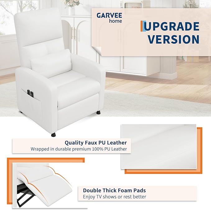 GarveeHome Power Recliner Chair, Adjustable Electric Recliner Ergonomic Overstuffed PU Leather Single Sofa, Tall Back, Padded Seat, 2 Side Pockets and USB Port, Home Theater Seating for Living Room