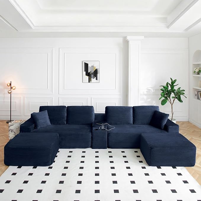 125” Oversized Modular Sectional Sofa, Deep Seat Corduroy Cloud Couch with Cup Holders, USB Ports & Storage Box, Sleeper Sofa Couch Boneless Couches for Living Room, No Assembly Required (Blue)
