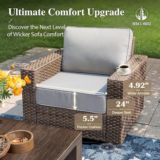 HERA'S HOUSE Patio Furniture Conversation Set, Outdoor Swivel Glide Wicker Chairs with 4.92" Widened Armrest, 5 Pieces Deep Seating Yellow Rattan Sofa with 5.5" Gray Cushions for Deck Garden Yard