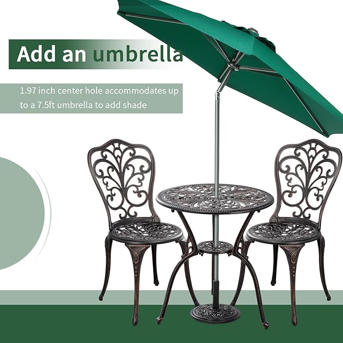 Withniture Outdoor Bistro Set 3 Piece Patio Bistro Set with Umbrella Hole, Weather Resistant Bistro Table and Chairs Set of 2 for Porch Garden, Bronze