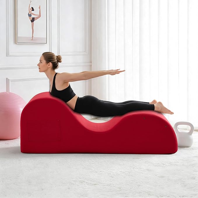DRMBOOK Yoga Chairs for Adults, Corduroy Fabric Chaise Lounge with Headrest, Boneless Yoga Sofa Couch with Waist Cushion, Movable Footrest, Side Pockets for Relaxation Exercise Stretching (Red)