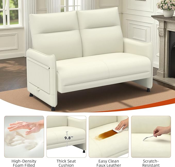 Faux Leather Loveseat, Upholstered Loveseat with Hidden Foldable Tray & Side Pocket, Front Contour Arm Design, Modern 2-Seater Sofa Couch for Compact Spaces, Beige