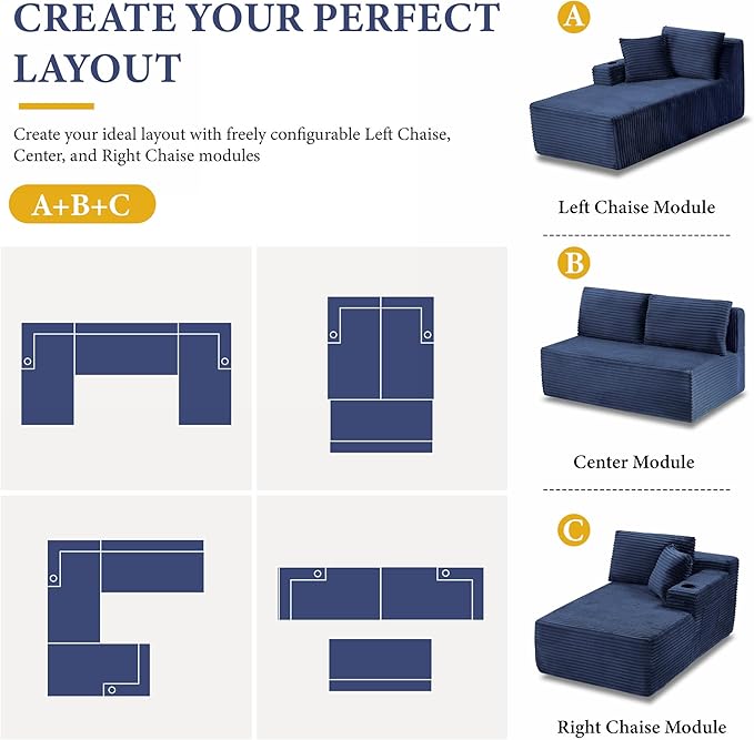 133" Sectional Couches for Living Room Cloud Couch Sofa with L-Shape Upholstered Boneless Couchs Modern Modular Sectional Couch with Chaise (Bule, 133" W+U Facing Chaise)