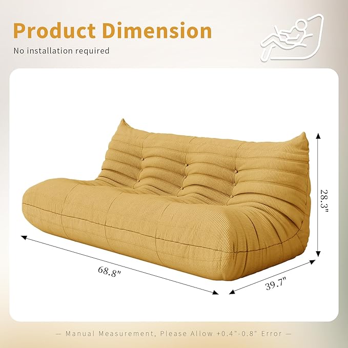 Foam Floor Lazy Couch Bean Bag Chair Sofa Fireside 3 Seat Lounger Couches for Adults Oversize Corduroy Cozy Chair for Home, Apartment and Gaming Venue,Yellow