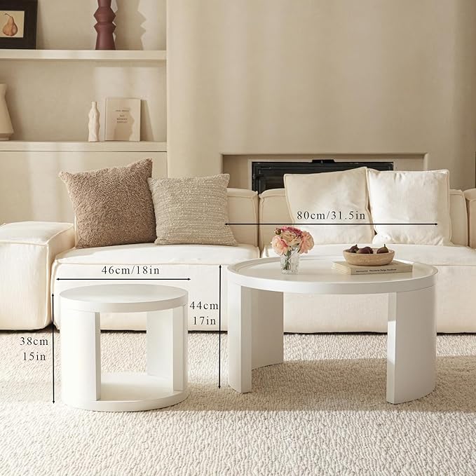 FAME HOME Round Nesting Coffee Table Set of 2,31.5" Large & 18" Small Low Tables with Wood Look Top,Space-Saving Side Tables for Living Room,Bedroom,Office,Minimalist Center Table Set (White, L+S)