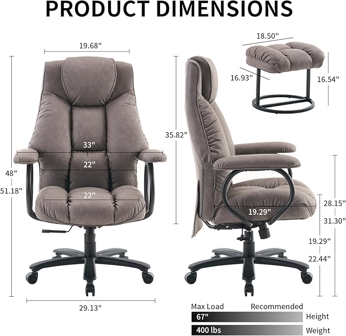 ATMILD Office Chair Big and Tall, High Back Ergonomic Office Chair with Padded Armrest, 400 lbs,PU Leather (Grey)