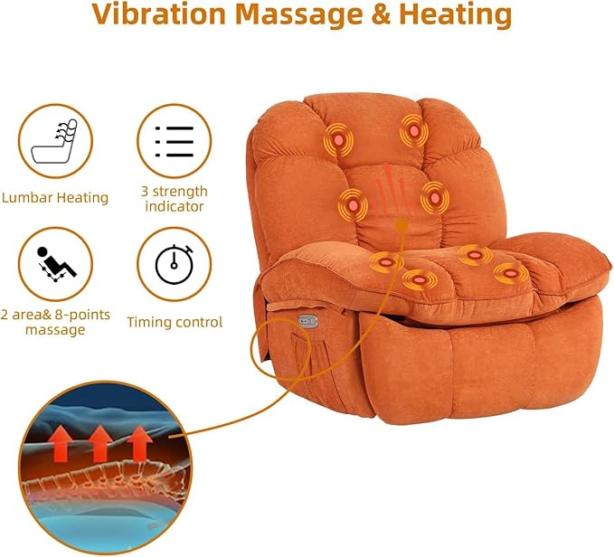 EDWELL Massage Swivel Recliner Chair, Oversized Rocker Recliner with Heated, Vibration Massage and Lumbar Heat Ergonomic Rocker Chair for Adults with Side Pocket, USB Charge Port, Orange