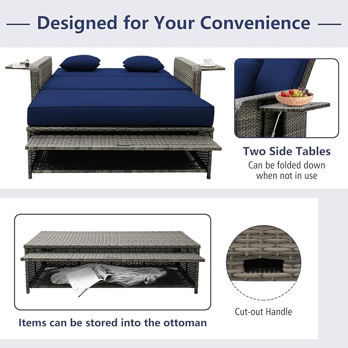 RELAX4LIFE Wicker Patio Outdoor Daybed - Rattan Day Bed Lounger with Loveseat & Storage Ottoman, Sunbed Sofa Set w/Cushions, 4-Level Adjustable Backrest & 2 Retractable Trays, Patio Daybed (Navy-Grey)