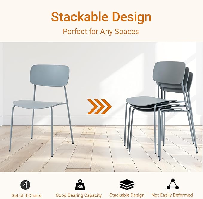 Sidanli Stacking Chairs Set of 4, Office Guest Chairs with Metal Legs, Stacking Office Chairs for Conference Reception Church Lobby, Capacity 300lbs, Gray