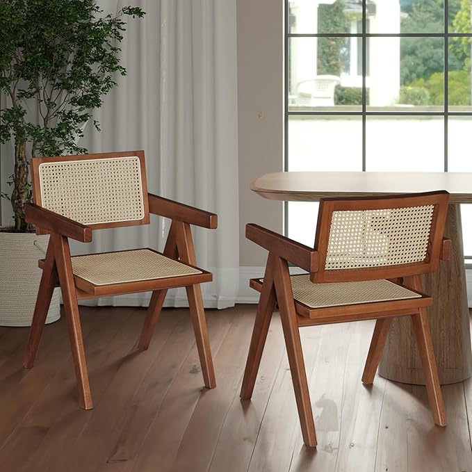 Rattan Walnut Mid Century Modern Dining Chairs Set of 6, Comfy Armchairs with Cane Back, Outdoor Kitchen Chairs for Multiple Rooms
