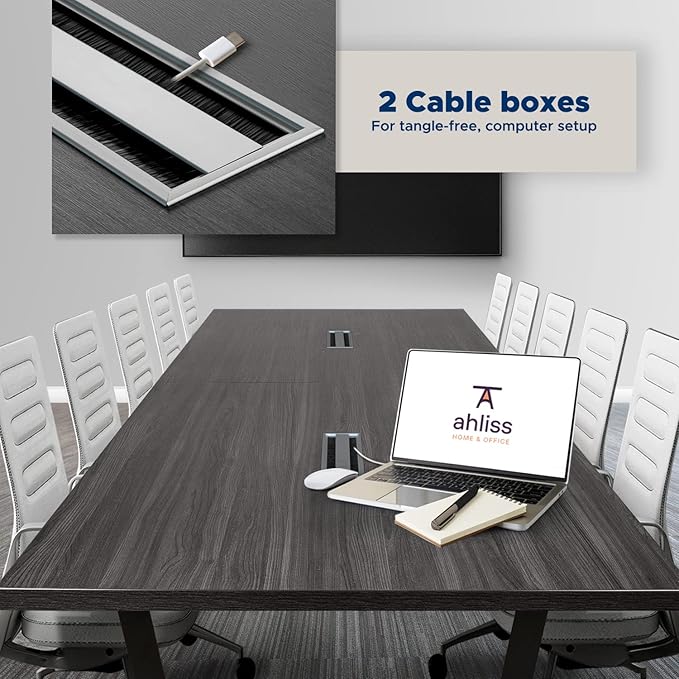 ahliss Sturdy Conference Table with Cable Management Grommets Modern Rectangle Office Meeting Table with Wood Tabletop and Metal Frame & Legs- Easy Assembly Boardroom Table (Grey, 10 Foot)