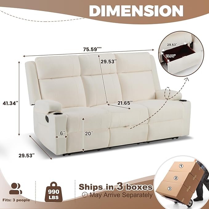 PALLOME Chenille Reclining Sofa 3-Seater with Convertible Table, Storage Ottoman & Cup Holders | Modern Space-Saving Couch, Ergonomic Living Room Furniture (Cream)