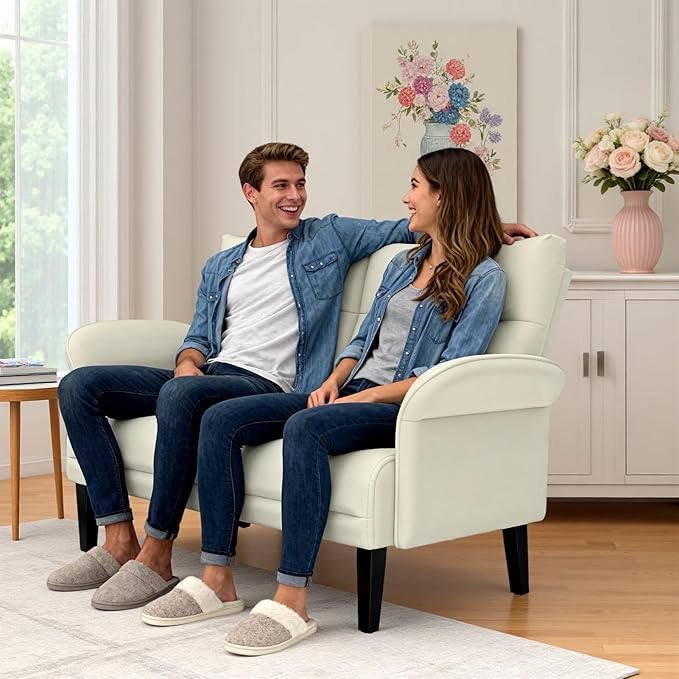 Faux Leather Loveseat with Wide Armrests, Symmetrical Shawl Arm 2-Seater Sofa, Upholstered Modern Loveseat with Wooden Legs for Small Living Room, Apartment, Beige