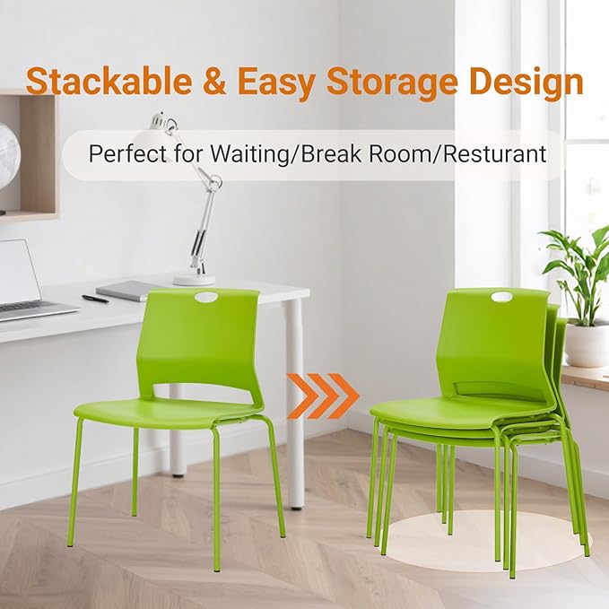 Sidanli Stackable Office Chairs, Green Guest Chairs with Comfortable Streamline Seat, Stacking Chairs No Wheels for Conference Room, Set of 4.