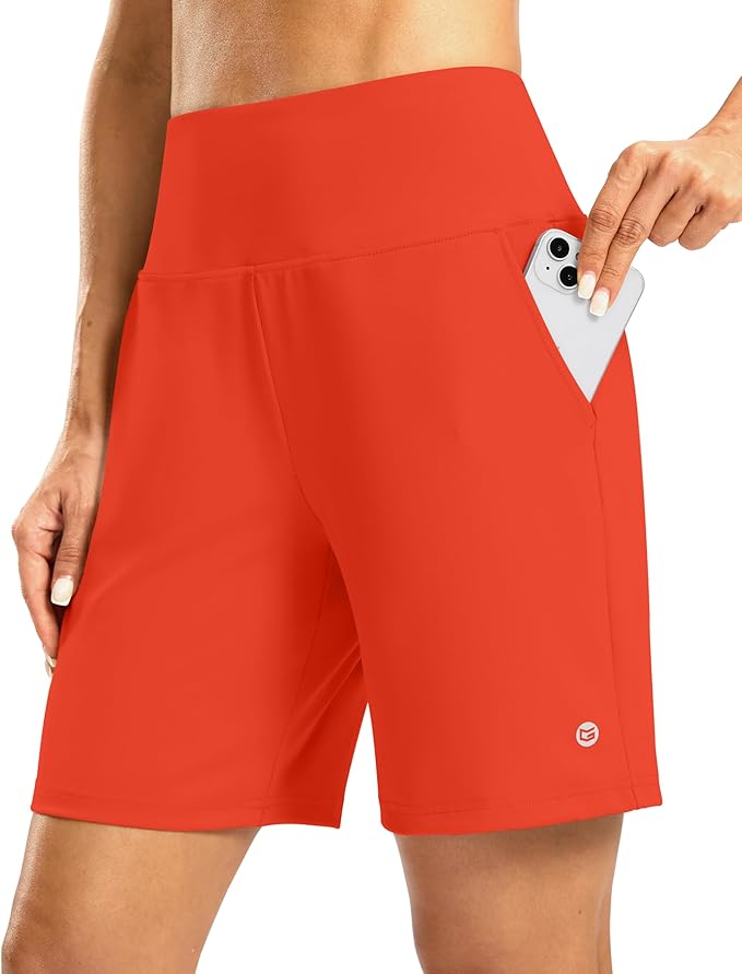 Women's Athletic Shorts with Zipper Pocket 7" High Waisted Stretchy Bermuda Shorts for Women Workout Running Casual
