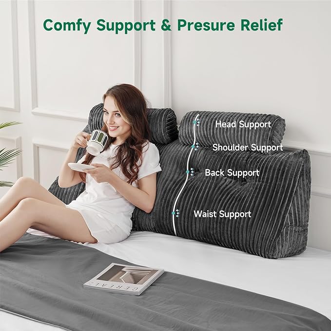 Z-hom Large Wedge Pillow Headboard, Twin Triangular Headboard Pillow, Reading Pillow Standard Bed with a Roll Pillow for Bed Sitting Up Sleeping, Backrest Cushion Headboard Gap Pillow for Back, Grey