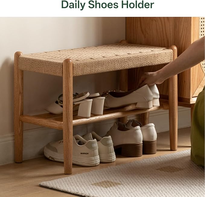 Vadisun Solid Oak Shoe Bench Assembled, Farmhouse Shoe Rack Bench with Woven Rope Design for Entryway, Living Room, Bedroom, Hallway, 11.8" x 23.6" x 16.1", Natural