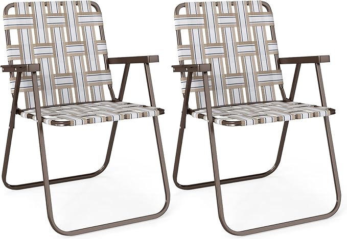 GYMAX Lawn Chair Folding, Webbed Beach Lounge Chairs Set with Highback, Outdoor Portable Lightweight Camping Dinning Chair for Patio, Lawn, Poolside, Sports, Garden, Backyard (2,Coffee)
