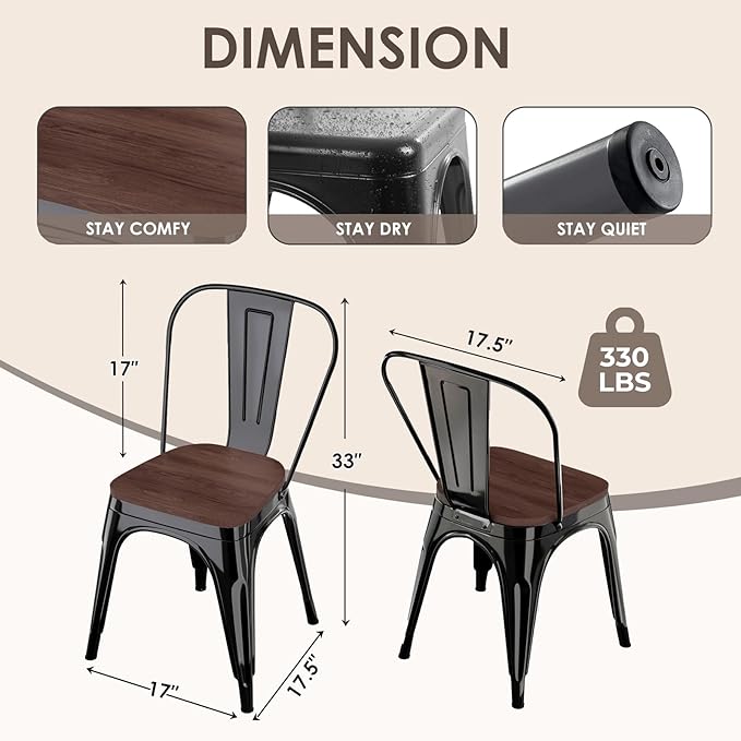 Metal Dining Chairs Set of 6,Stackable Tolix Chair Indoor/Outdoor for Kitchen,Cafe,Restaurant,Bistro & Patio Multiple Colors with High Backrest and Wood Seat(Black)