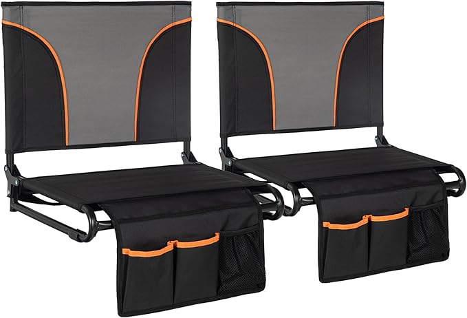HIGH POINT SPORTS Folding Stadium Seat Bleacher Chair with Mesh Bag and Hide Hooks, 2 Pack Portable Stadium Chair with Back, Outdoor Comfort Chair, Black Grey