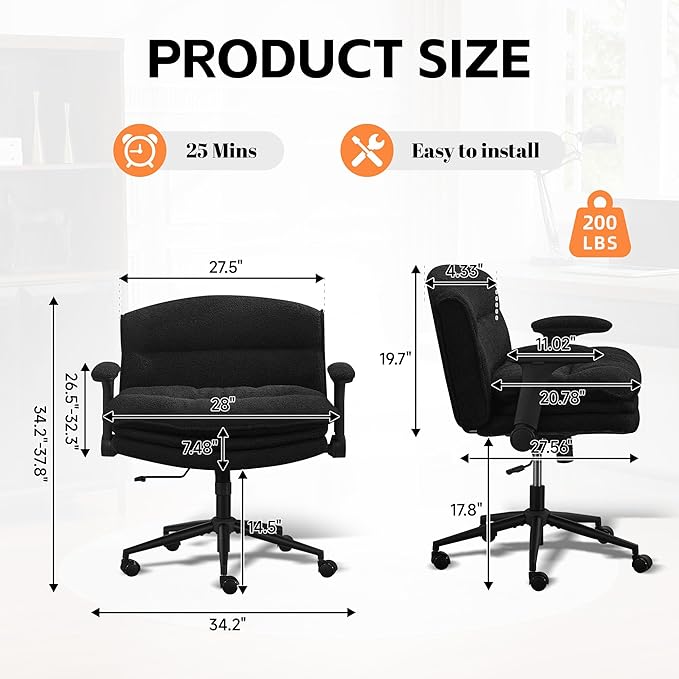 Criss Cross Chair with Flip-up Arms, Wide Criss Legged Chair with 3 Layer Cushion, Ergonomic Office Desk Chair with Wheels, Swivel Vanity Chair for Office, Living Room, Bedroom, Boucle Black