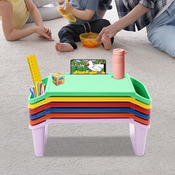 Set of 6 Kids Lap Desk Tray, Portable Activity Table, Plastic, Stackable for Drawing, Writing, Eating, Classroom, 19.69" L x 9.84" W x 7.09" H, (Red+Green+Yellow+Purple+Orange+Blue)