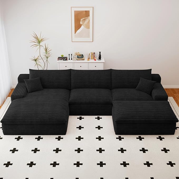 107" Cloud Sectional Couch with U-Shaped Chaise,Corduroy Viral Boneless Sofa with Ottoman,Memory Foam Couches in a Box with Deep Seat for Living Room,No Assembly Required(Jet Black,Left-Facing Chaise)
