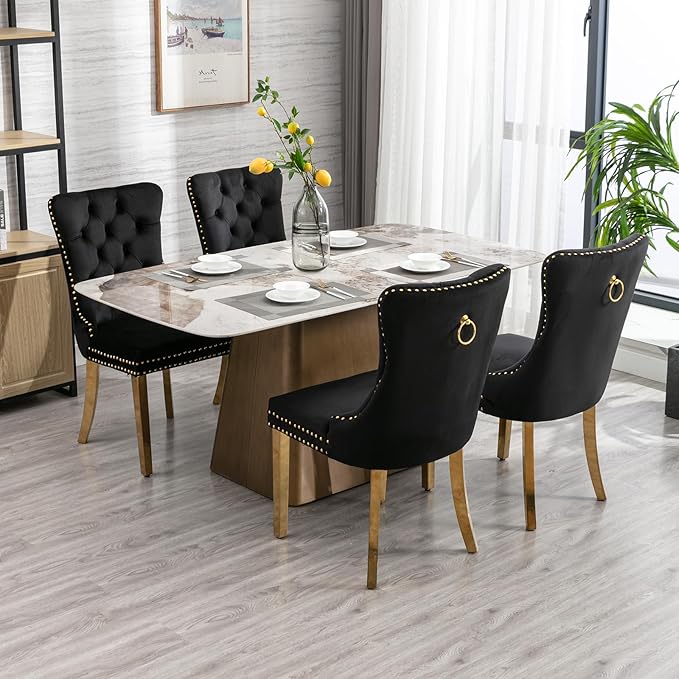 YeahFurn Mid Century Modern Dining Chairs Set of 6, Black Velvet Upholstered Tufted Back, Kitchen & Dining Room Chairs, Gold Metal Legs, Nailhead Trim, Sillas para Comedor (Black, 6 Pcs)