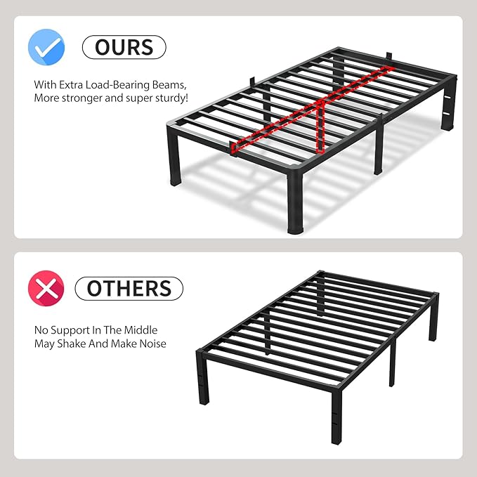 VIPSHOW 14 Inch Twin Size Bed Frame, 3500Lbs Heavy Duty Metal Platform with Round Corner Legs Mattress Slide Stopper, Steel Slat Support No Box Spring Needed, Noise Free, Non-Slip, Easy Assembly