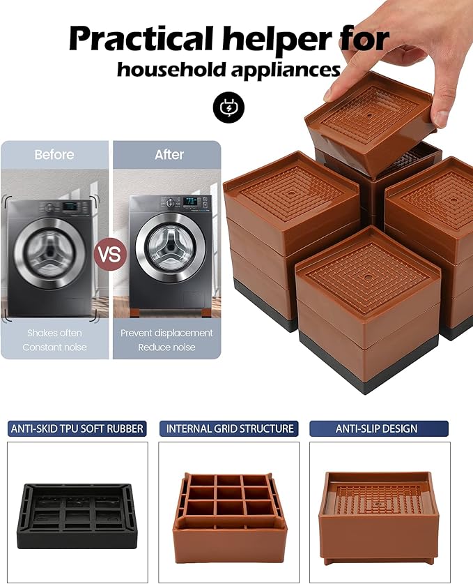 Tclouda Furniture Risers, Bed/Sofa/Desk/Table/Chair Leg/Fridge Lifts to 1.5, 3 and 4 in, Square Adjustable Risers Blocks for Extenders, Heavy Duty Supports Up to 1300 Lbs, 3 in-Brown-Square