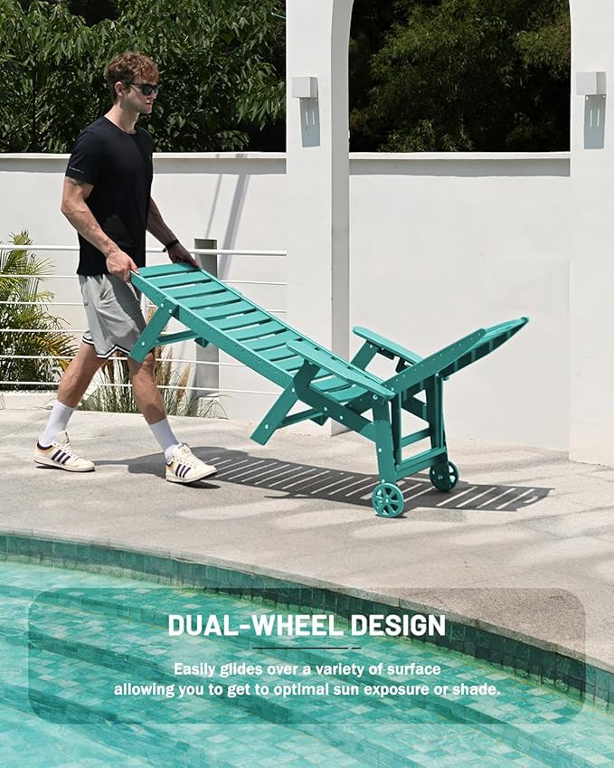 Lounge Chair Outdoor, Chaise Lounge Outdoor, HDPE 6-Position Lounge Chair for Outside, Patio Lounge Chair with Wheels & Cup Holder for Pool Poolside Deck Backyard, Lake Blue