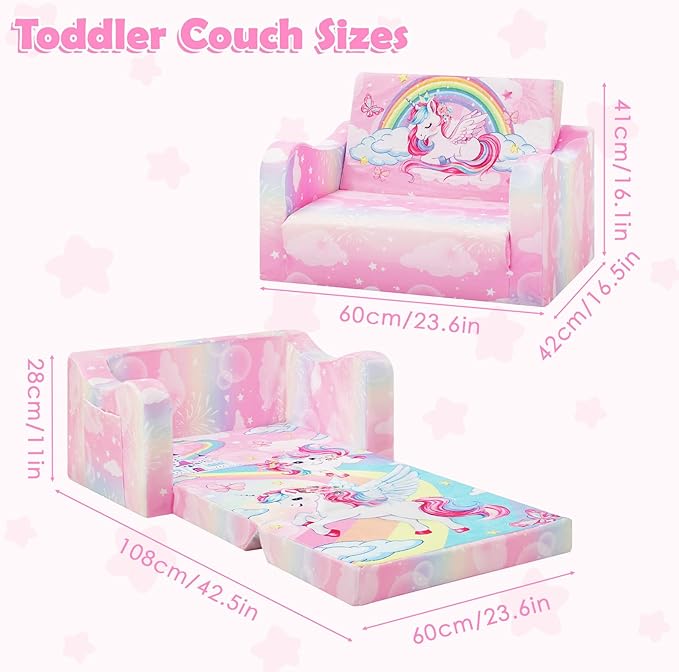 alldomess Comfy Kids Couch, 2-in-1 Folding Kids Sofa Bed for Toddler Girls, Convertible Sofa to Lounger Toddler Couch Chair for Baby Bedroom Playroom Nursery,Unicorn Rainbow